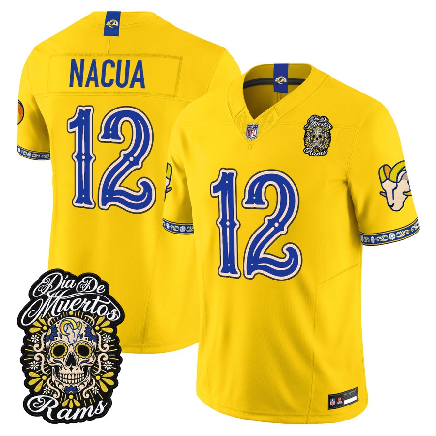 Men & Women & Youth Los Angeles Rams #12 Puka Nacua Gold Dia de los Muertos Vapor Limited Jersey - All Stitched