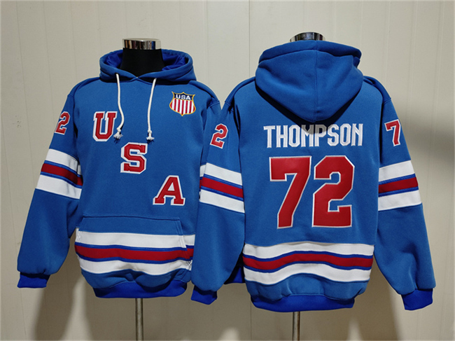 Men's Team USA #72 Tage Thompson Blue Ageless Must-Have Lace-Up Pullover Hoodie