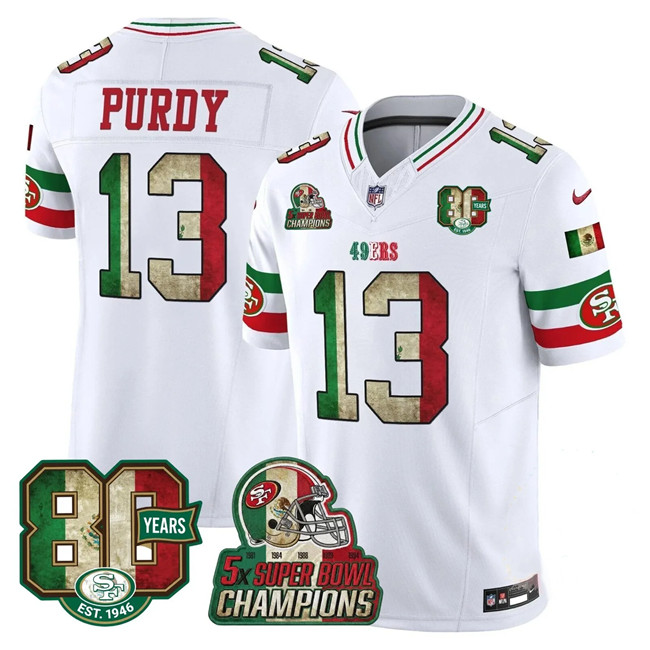 Men & Women & Youth San Francisco 49ers Custom White Mexico 80th Anniversary Five Time Super Bowl Champions Patch 2026 F.U.S.E. Vapor Untouchable Limited Stitched Football Jersey