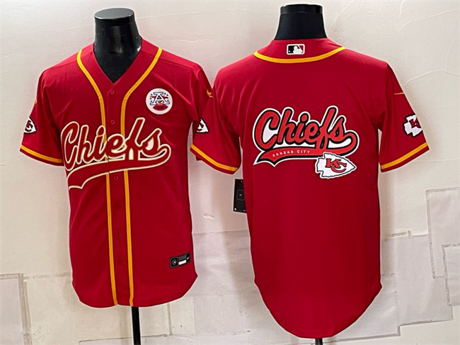 Men's Kansas City Chiefs Red Gold Team Big Logo With Patch Cool Base Stitched Baseball Jerseys