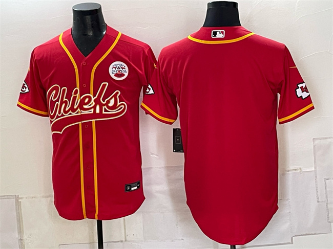 Men's Kansas City Chiefs Blank Red Gold With Patch Cool Base Stitched Baseball Jersey