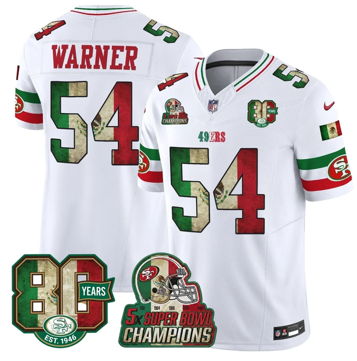 Men's San Francisco 49ers #54 Fred Warner White Mexico 80th Anniversary Five Time Super Bowl Champions Patch 2026 F.U.S.E. Vapor Untouchable Limited Stitched Football Jersey