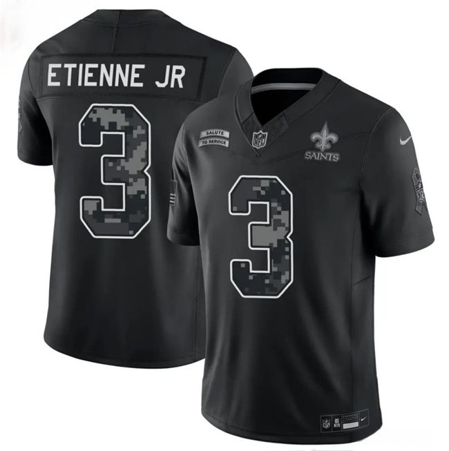 Men's New Orleans Saints #3 Travis Etienne Jr  Black F.U.S.E. 2026 Salute to Service Limited Stitched Football Jersey