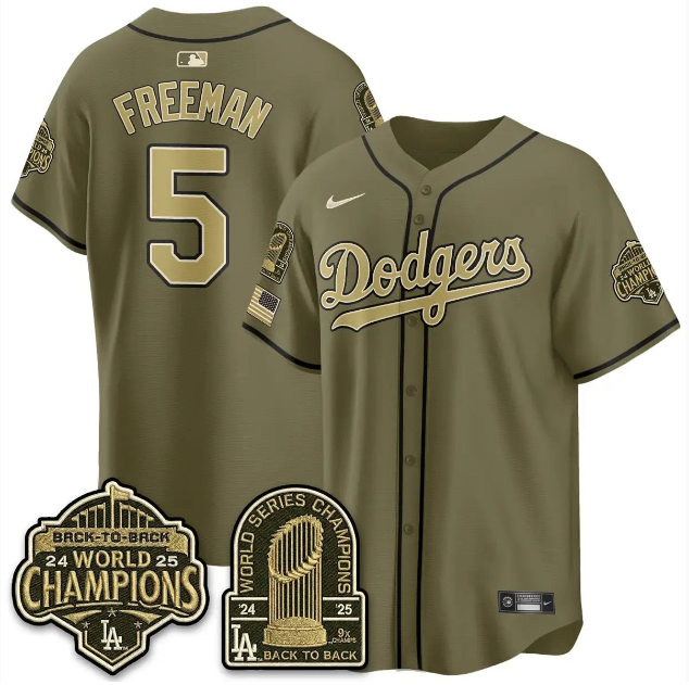 Men's Los Angeles Dodgers #5 Freddie Freeman Olive 2026 Armed Forces Day With World Series Champions Patch Limited Stitched Baseball Jersey