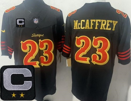Men's San Francisco 49ers #23 Christian McCaffrey Black Rivalries Captain Patch F.U.S.E. Vapor Limited Stitched Jersey