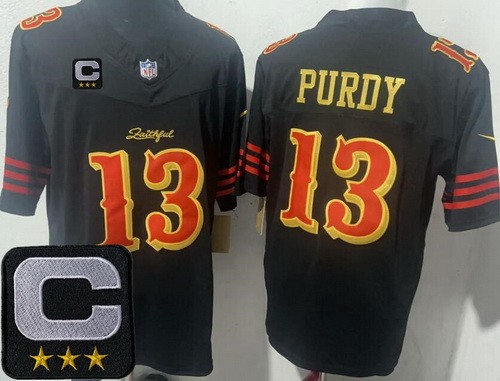 Men's San Francisco 49ers #13 Brock Purdy Black Rivalries Captain Patch F.U.S.E. Vapor Limited Stitched Jersey