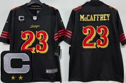 Men's San Francisco 49ers #23 Christian McCaffrey Black Rivalries Captain Patch Vapor Limited Stitched Jersey