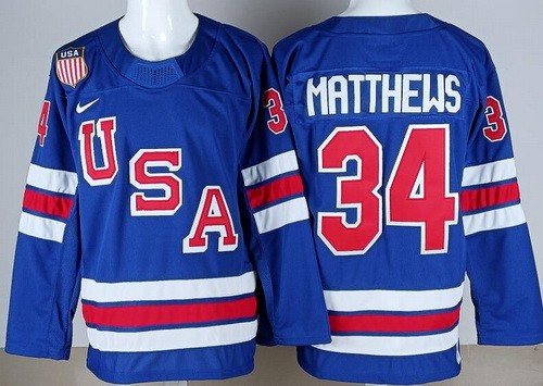 Men's USA Hockey #34 Auston Matthews Blue 2026 Olympics Authentic Stitched Jersey