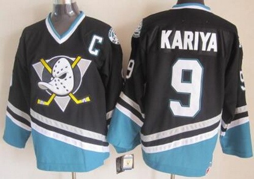 Men's Anaheim Ducks #9 Paul Kariya Black Green Throwback Stitched Jersey