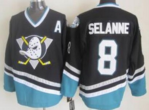 Men's Anaheim Ducks #8 Teemu Selanne BLack Green Throwback Stitched Jersey