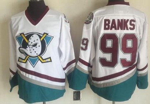 Men's Anaheim Ducks #99 Adam Banks White Green Throwback Stitched Jersey