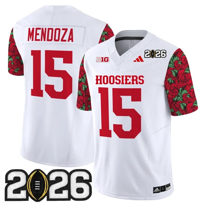 Men's Indiana Hoosiers #15 Fernando Mendoza White 2026 CFP Final Patch F.U.S.E. Vapor Limited Stitched Jersey - Rose Bowl Style