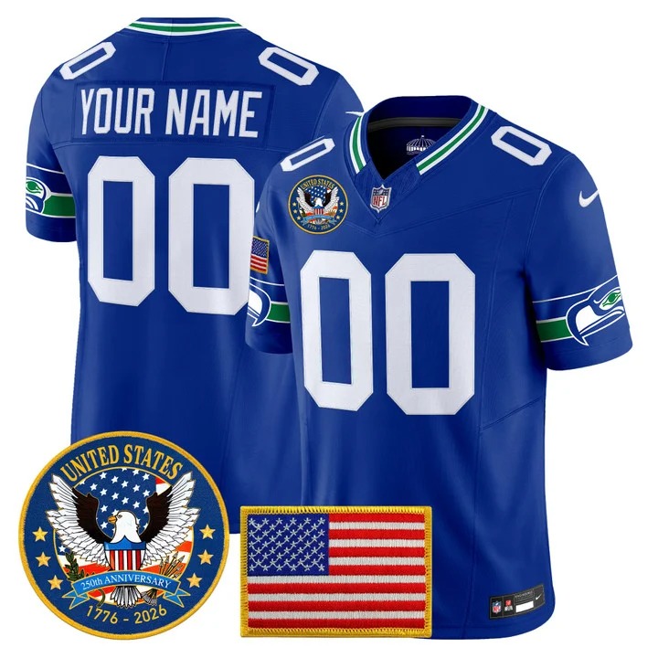 Men's Seattle Seahawks Custom Royal Throwback United States 250th Anniversary Patch F.U.S.E. Vapor Limited Stitched Jersey