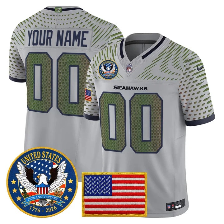 Men's Seattle Seahawks Custom Grey Rivalries United States 250th Anniversary Patch F.U.S.E. Vapor Limited Stitched Jersey