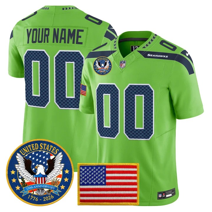 Men's Seattle Seahawks Custom Gredn United States 250th Anniversary Patch F.U.S.E. Vapor Limited Stitched Jersey