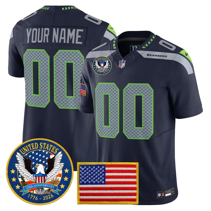 Men's Seattle Seahawks Custom Navy United States 250th Anniversary Patch F.U.S.E. Vapor Limited Stitched Jersey