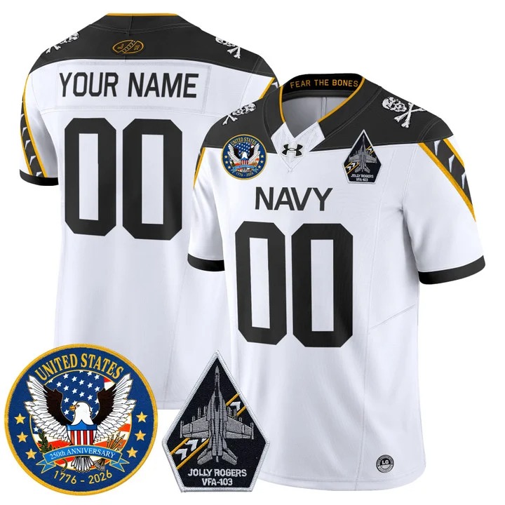 Men's Navy Midshipmen United States Custom White Jolly Rogers Edition 250th Anniversary Patch F.U.S.E. Vapor Limited Stitched Jersey