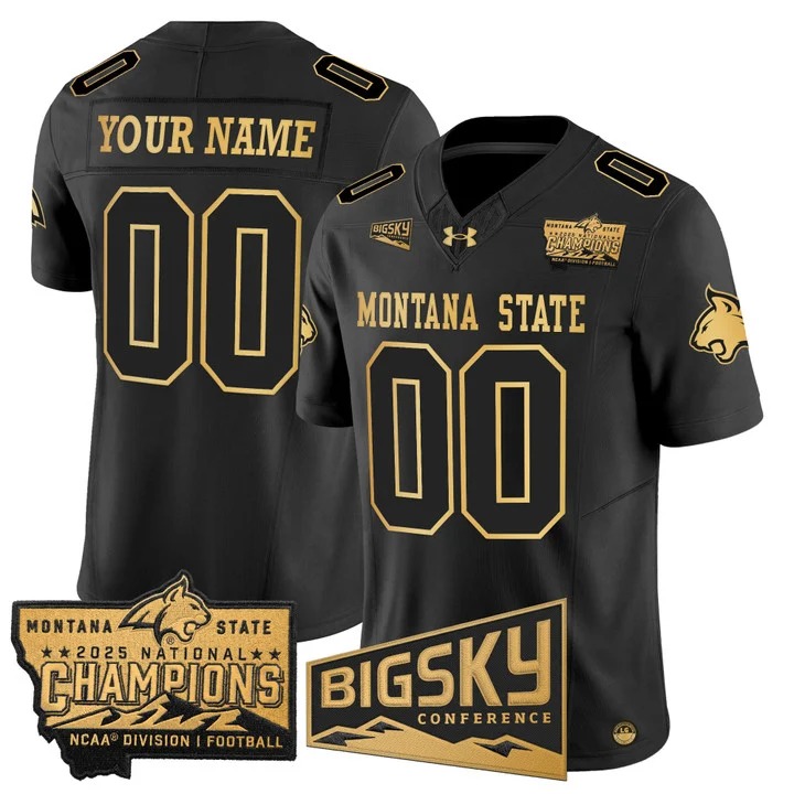 Men's Montana State Bobcats Custom Black Gold 2025 National Champions F.U.S.E. Vapor Limited Stitched Jersey