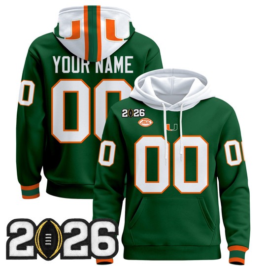 Men's Miami Hurricanes Custom Green 2026 CFP Final Patch Stitched Pullover Hoodie