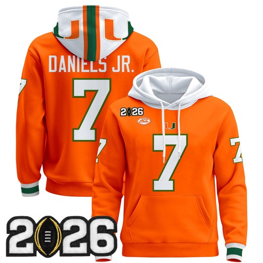 Men's Miami Hurricanes #7 CJ Daniels Orange 2026 CFP Final Patch Stitched Pullover Hoodie