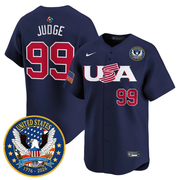 Men's Team USA World Baseball Classic #99 Aaron Judge Navy United States 250th Anniversary Patch 2026 Roster Limited Stitched Jersey