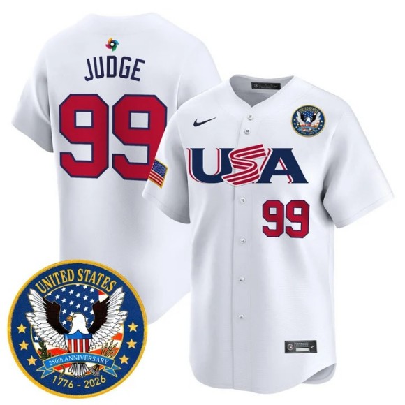 Men's Team USA World Baseball Classic #99 Aaron Judge White United States 250th Anniversary Patch 2026 Roster Limited Stitched Jersey