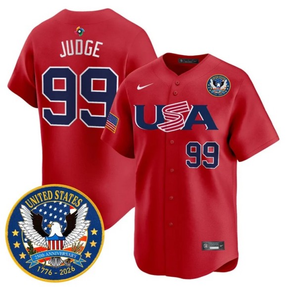 Men's Team USA World Baseball Classic #99 Aaron Judge Red United States 250th Anniversary Patch 2026 Roster Limited Stitched Jersey