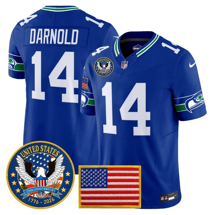 Men's Seattle Seahawks #14 Sam Darnold Royal Throwback United States 250th Anniversary Patch F.U.S.E. Vapor Limited Stitched Jersey