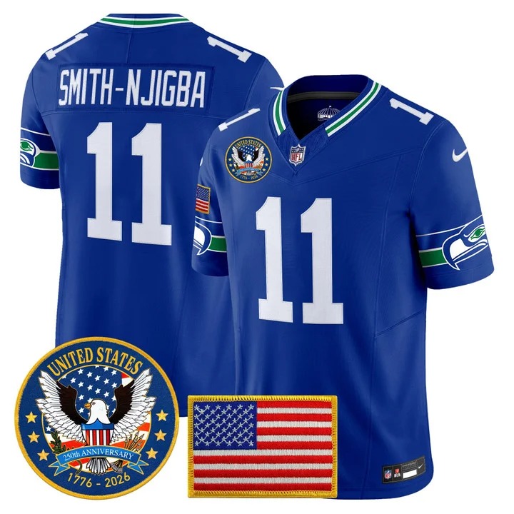 Men's Seattle Seahawks #11 Jaxon Smith-Njigba Royal Throwback United States 250th Anniversary Patch F.U.S.E. Vapor Limited Stitched Jersey