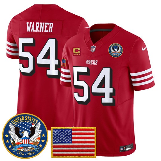 Men's San Francisco 49ers #54 Fred Warner Red Throwback United States 250th Anniversary Patch F.U.S.E. Vapor Limited Stitched Jersey