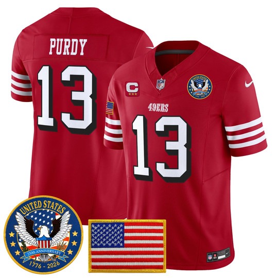 Men's San Francisco 49ers #13 Brock Purdy Red Throwback United States 250th Anniversary Patch F.U.S.E. Vapor Limited Stitched Jersey
