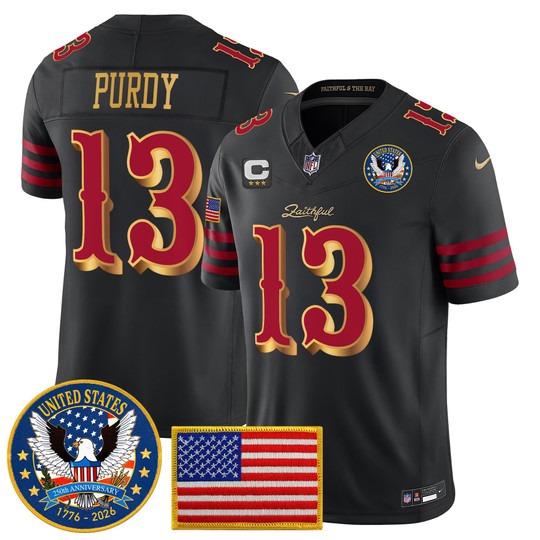 Men's San Francisco 49ers #13 Brock Purdy Black Rivalries United States 250th Anniversary Patch F.U.S.E. Vapor Limited Stitched Jersey