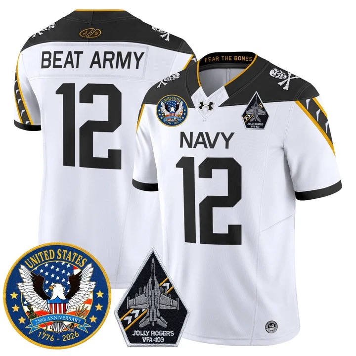 Men's Navy Midshipmen United States #12 Beat Army White Jolly Rogers Edition 250th Anniversary Patch F.U.S.E. Vapor Limited Stitched Jersey