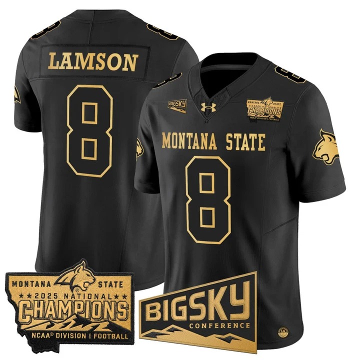 Men's Montana State Bobcats #8 Justin Lamson Black Gold 2025 National Champions F.U.S.E. Vapor Limited Stitched Jersey