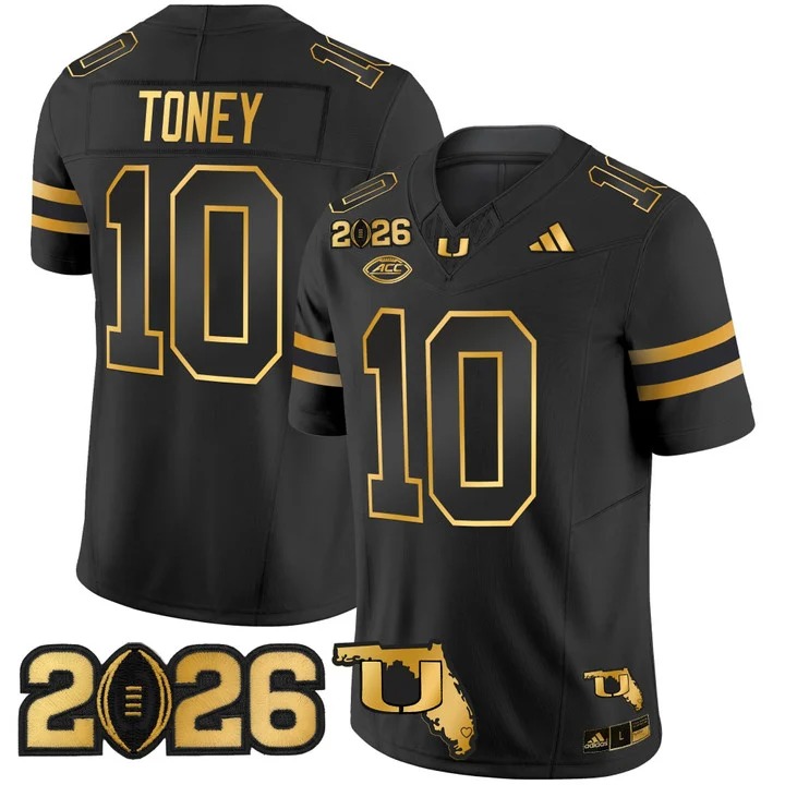 Men's Miami Hurricanes #10 Malachi Toney Black Gold 2026 CFP Final & Florida Patch F.U.S.E. Vapor Limited Stitched Jersey