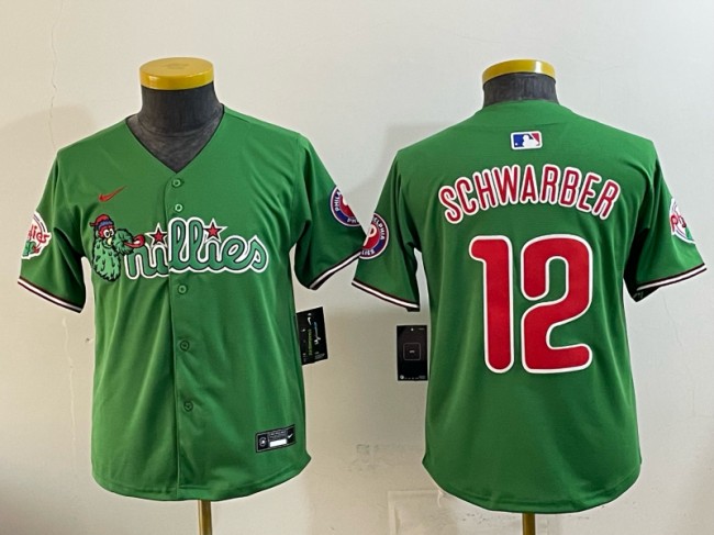 Youth Philadelphia Phillies #12 Kyle Schwarber Green Phanatic Limited Stitched Jersey
