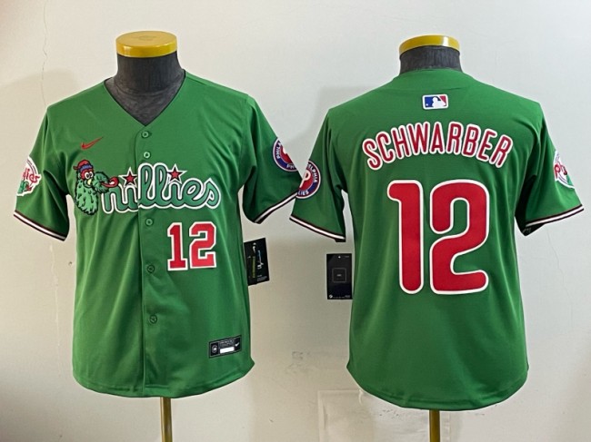 Youth Philadelphia Phillies #12 Kyle Schwarber Green Phanatic Number Limited Stitched Jersey