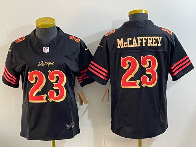 Women's San Francisco 49ers #23 Christian McCaffrey Black Gold 2025 F.U.S.E. “Rivalries” Vapor Limited Stitched Football Jersey
