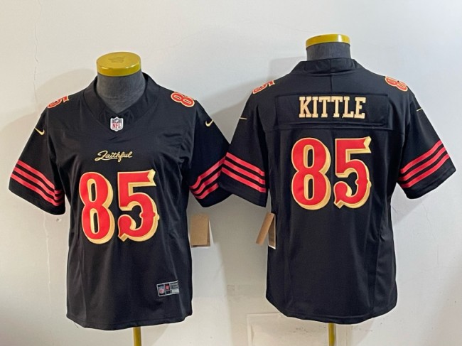 Women's San Francisco 49ers #85 George Kittle Black Gold 2025 F.U.S.E. “Rivalries” Vapor Limited Stitched Football Jersey