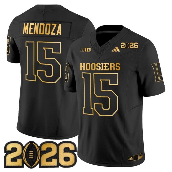 Men's Indiana Hoosiers #15 Fernando Mendoza Black Gold 2026 CFP Final Patch F.U.S.E. Vapor Limited Stitched Jersey