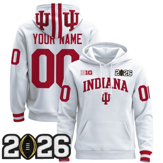 Men's Indiana Hoosiers Custom White 2026 CFP Final Patch Premium Stitched Pullover Hoodie