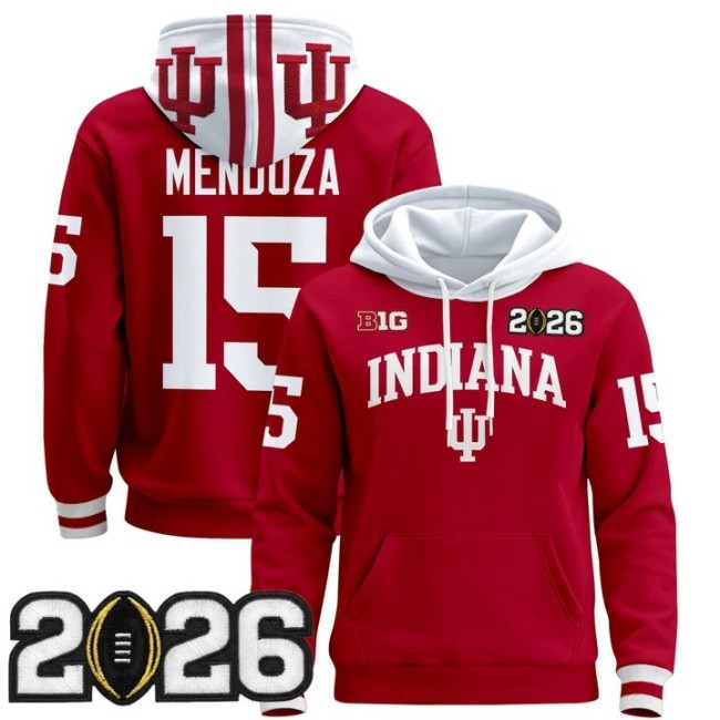 Men's Indiana Hoosiers #15 Fernando Mendoza Crimson 2026 CFP Final Patch Premium Stitched Pullover Hoodie