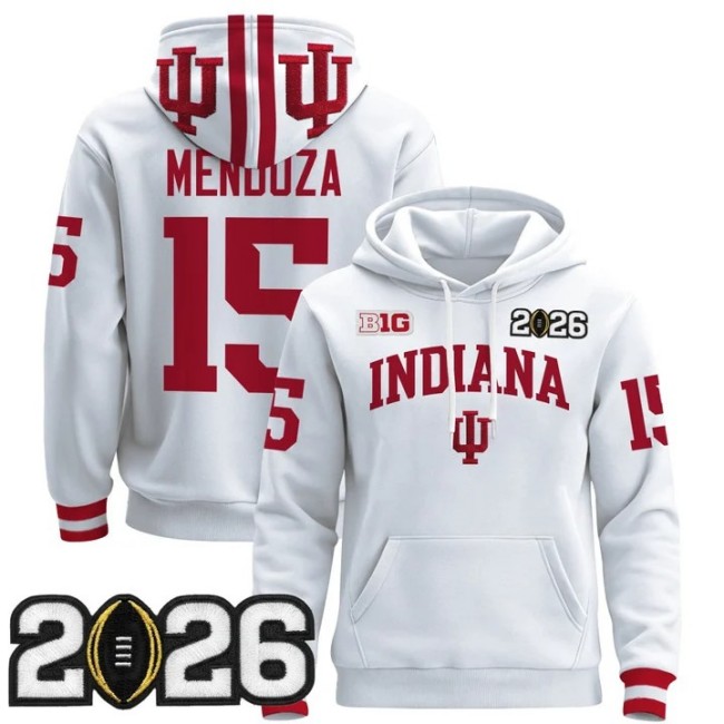 Men's Indiana Hoosiers #15 Fernando Mendoza White 2026 CFP Final Patch Premium Stitched Pullover Hoodie