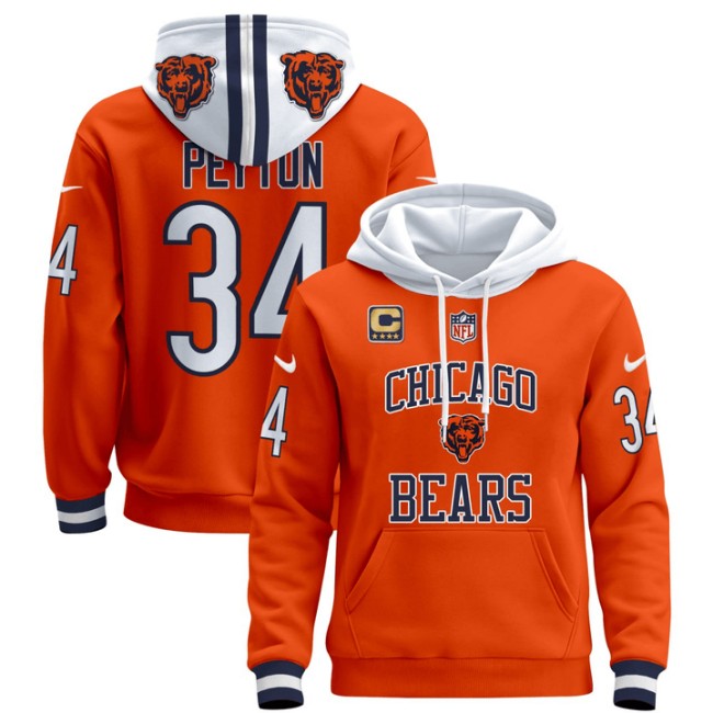 Men's Chicago Bears #34 Walter Payton Orange Stitched Pullover Hoodie