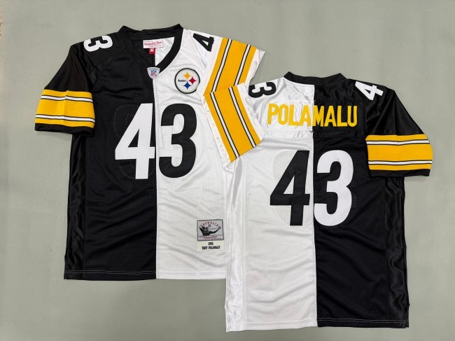 Men's Pittsburgh Steelers #43 Troy Polamalu Split Black White 'MN' 2005 Throwback Stitched Football Jersey