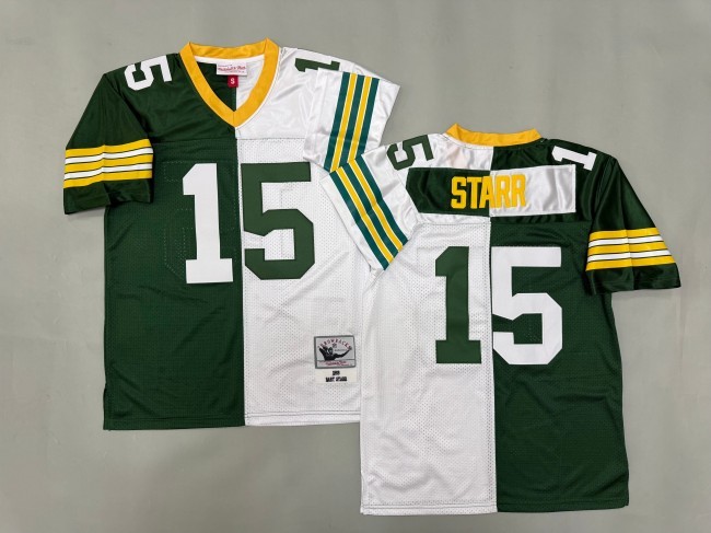 Men's Green Bay Packers #15 Bart Starr Split Green White 'MN' 1969 Throwback Stitched Football Jersey