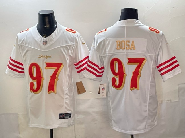 Men's San Francisco 49ers #97 Nick Bosa White Gold 2025 F.U.S.E. “Rivalries” Vapor Limited Stitched Football Jersey