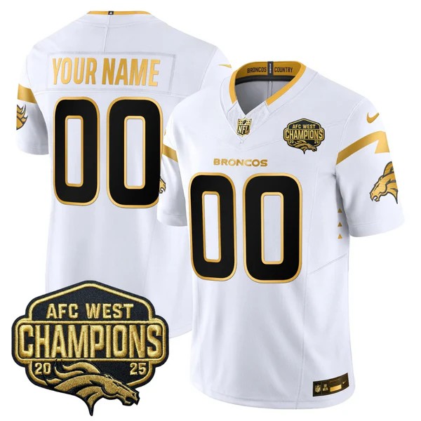 Denver Broncos Custom White Gold F.U.S.E. 2025 AFC West Division Champions Vapor Limited Stitched Jersey