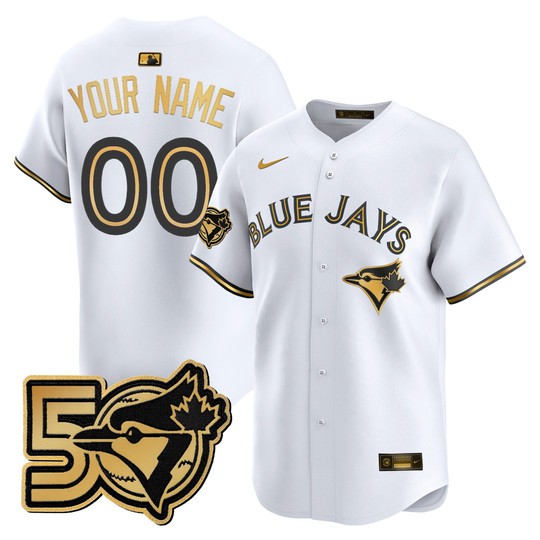 Men's Toronto Blue Jays Custom White Gold 50 Seasons Patch Vapor Limited Limited Stitched Jersey