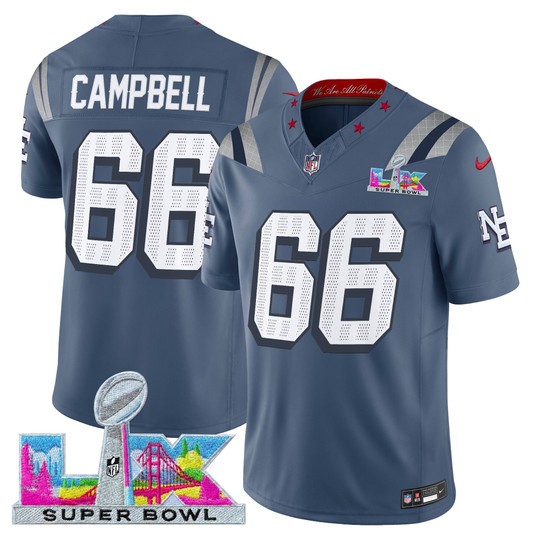 Men's New England Patriots #66 Will Campbell Storm Blue 2025 F.U.S.E. Super Bowl LX Patch “Rivalries” Vapor Limited Stitched Football Jersey